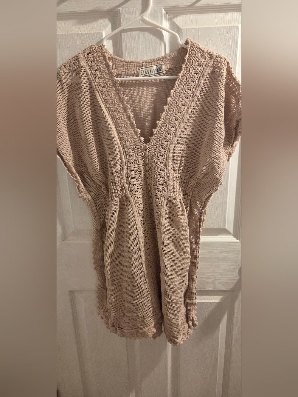 Boho Crochet V-Neck Swim Coverup in Beige
